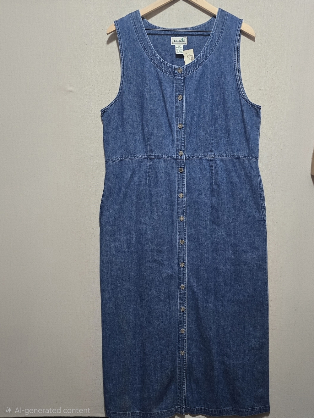 L.L. Bean Y2K Denim Button Front Midi Dress Womens 16 Sleeveless Blue Vintage